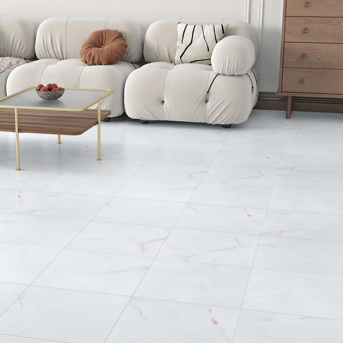 Wallercity White Marble Peel and Stick Vinyl Floor Tiles 6-Pack 12x12 Inches Self Adhesive Waterproof Flooring Planks for Bathroom Kitchen Bedrooms Stick on Floor Tiles Laminate Sheets Vinyl Flooring