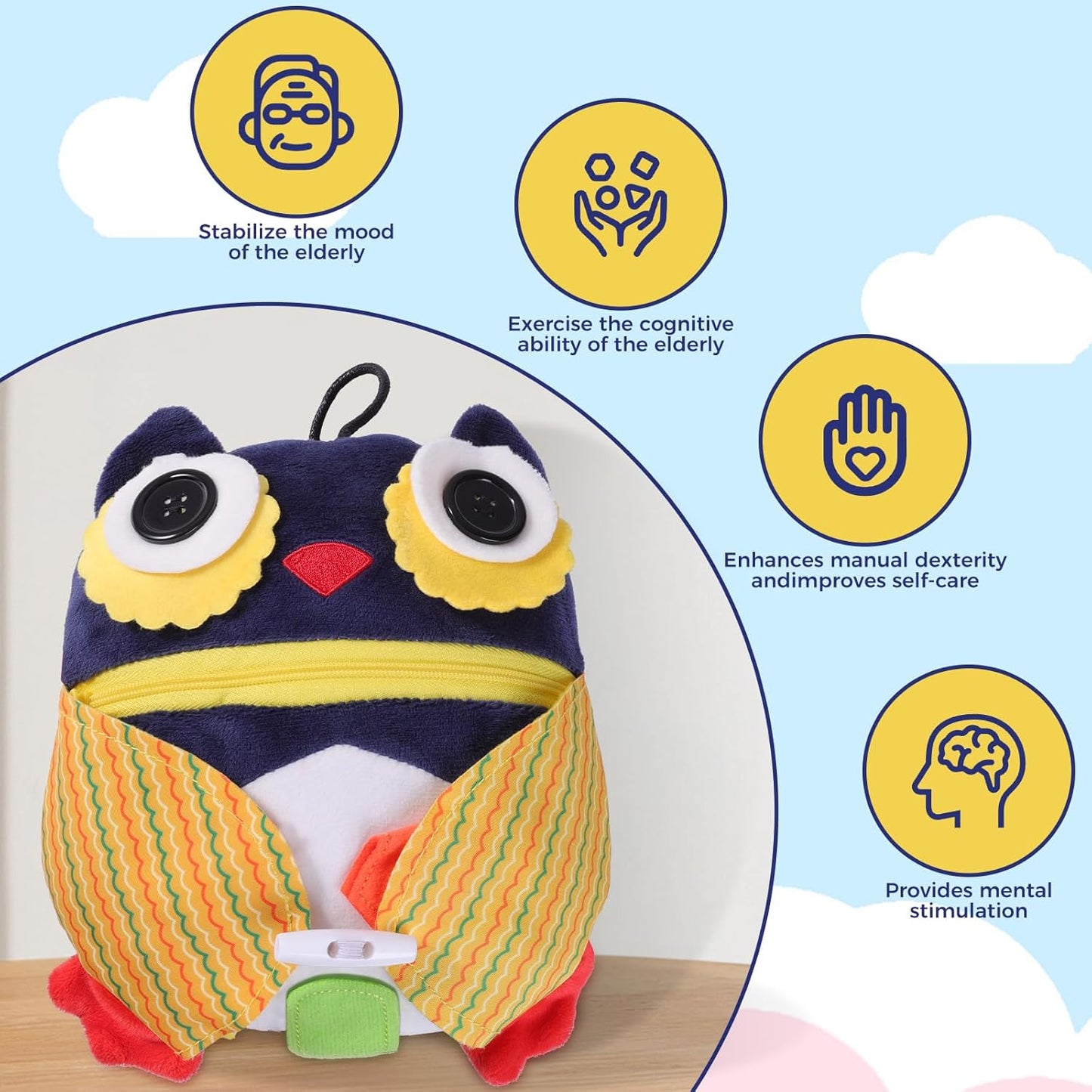 lefeke Buckle Owls Aids - Alzheimers Patients Learning Activity - Develop Motor Skills and Problem Solving - Geometry and Color Recognition - Sensory Stuffed Animal Aids for Elderly