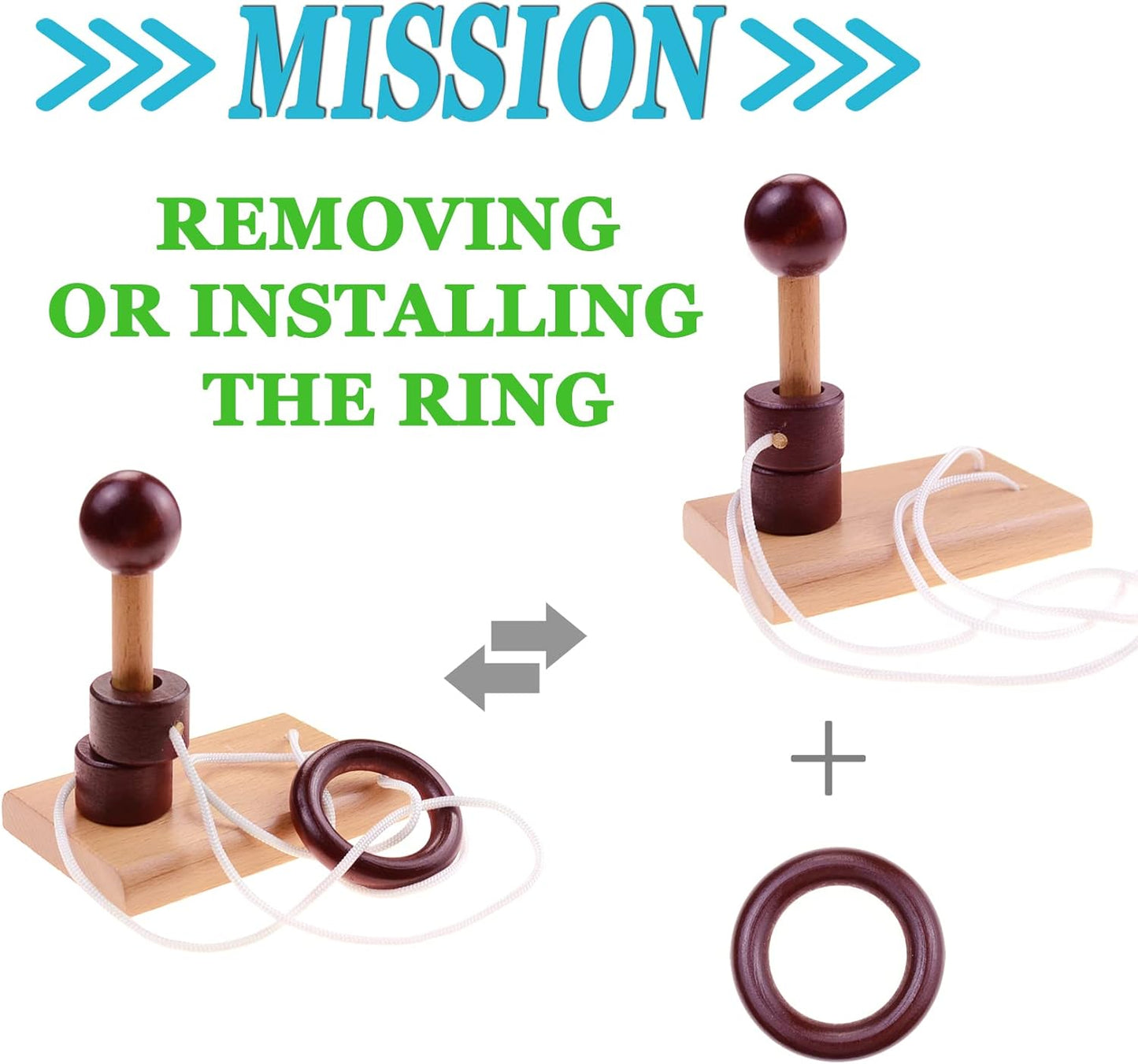 KINGOU 4 Pack Classic Wooden Rope Puzzle Set Ring Puzzles String Solution Central Brain Teaser for Adults/Kids Game