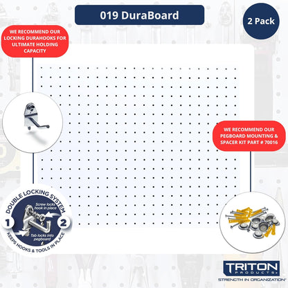 Triton Products Heavy Duty Poly Pegboards - Set of 2 DuraBoard Wall Panels, Each 22" x 18" x 1/4" with 1/4" Holes for Home, Office, Garage, Storage and Organization (White)