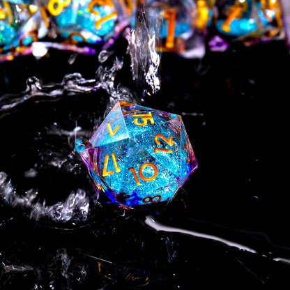YEMEKO Beholder'S Eye D20 Dice Dragon Eye DND 22MM Single with Resin Sharp Edge 20 Sided D&D Handmade Polyhedral for Dungeons and Dragons, RPG, Roleplaying Games MTG Table Games(Blue Gold)
