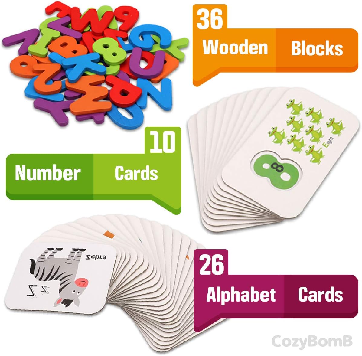 CozyBomB™ Toddler Alphabet Flash Cards - Preschool Activities Learning Montessori Toys ABC Wooden Letters Jigsaw Numbers Alphabets Puzzles Flashcards for Age 2 3 4 Years Old Educational for Kids Baby