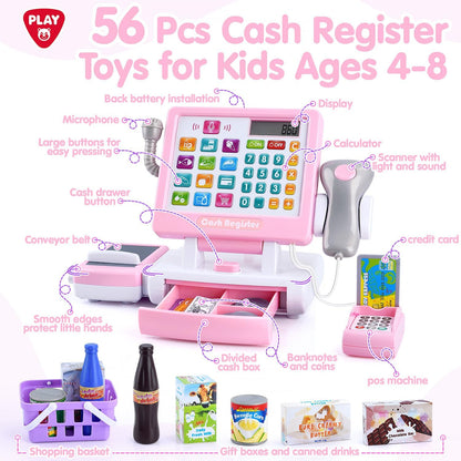 PLAY Kids Cash Register Toy - Pretend Play Calculator Register Toys with Microphone/Conveyors/Play Money/Scanner/Credit Card/Cans/Drink, 3+ Toddler Develops Early Math Skills Learning Toys