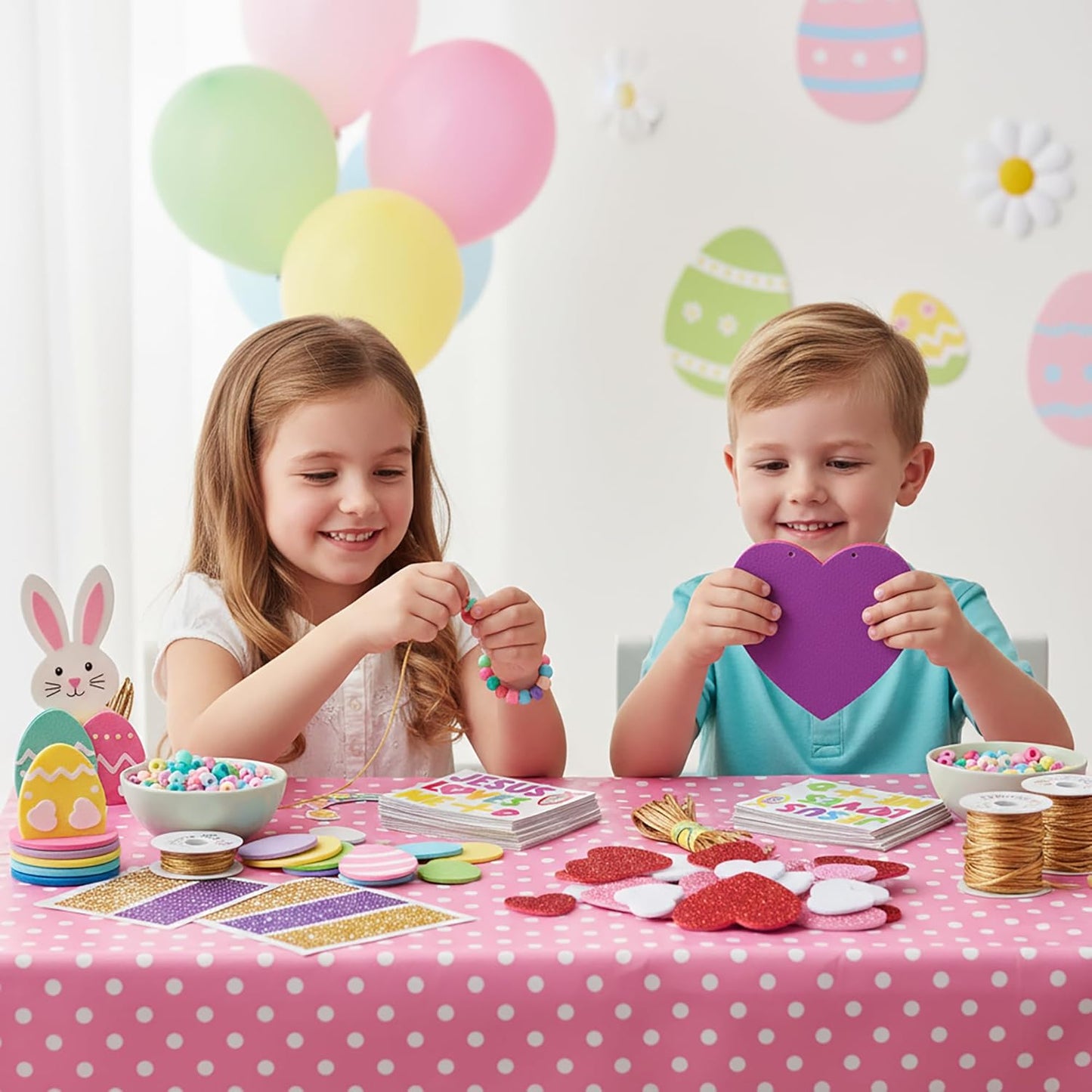 BeYumi Bunny Necklace Craft Kit - 24Pcs Bunny Peeps Felt Necklace Making Kits with Beads and Gem Sticker DIY Cute Rabbit Craft for Kids Sunday School Home Classroom Gift Party Favor Fun Activities
