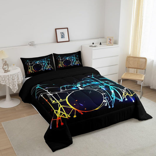 Castle Fairy Drum Kit Comforter Set,Musical Instruments Bedding Set for Kids Girls Women,Adults Rock Music Comforter,Neon Lighting Quilted Duvet Set Bedroom Collection Twin Size 2Pcs