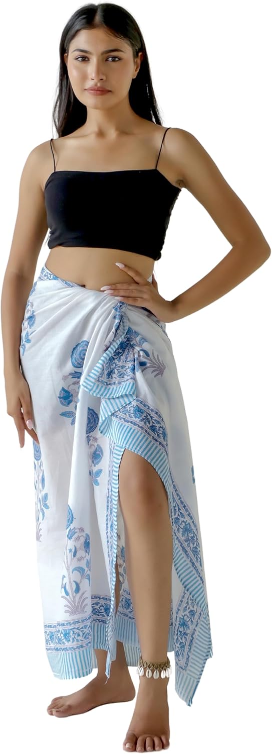 100% Cotton Sarong Cover Up for Women Indian Block Print Beach Wrap Skirt Long Boho Swimsuit Bikini Pareo (73” x 43”)