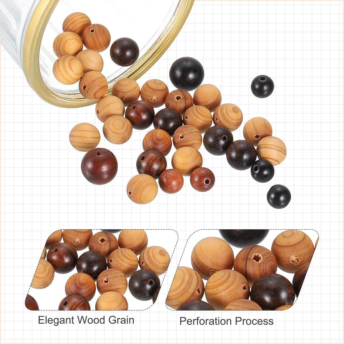 HARFINGTON 200pcs Round Wooden Beads, 10mm Dia Small Wood Beads for DIY Crafts, Bracelet, Wristlet, Necklace, Jewelry Making, Khaki Brown&Black