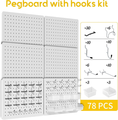 Peg Board for Tools, 4 Pack Metal Pegboard Wall Organizer with Hooks,16"×12" White Pegboard Panels for Walls Home, Garage Tool Storage, Kitchen, Office Organization, Craft Room
