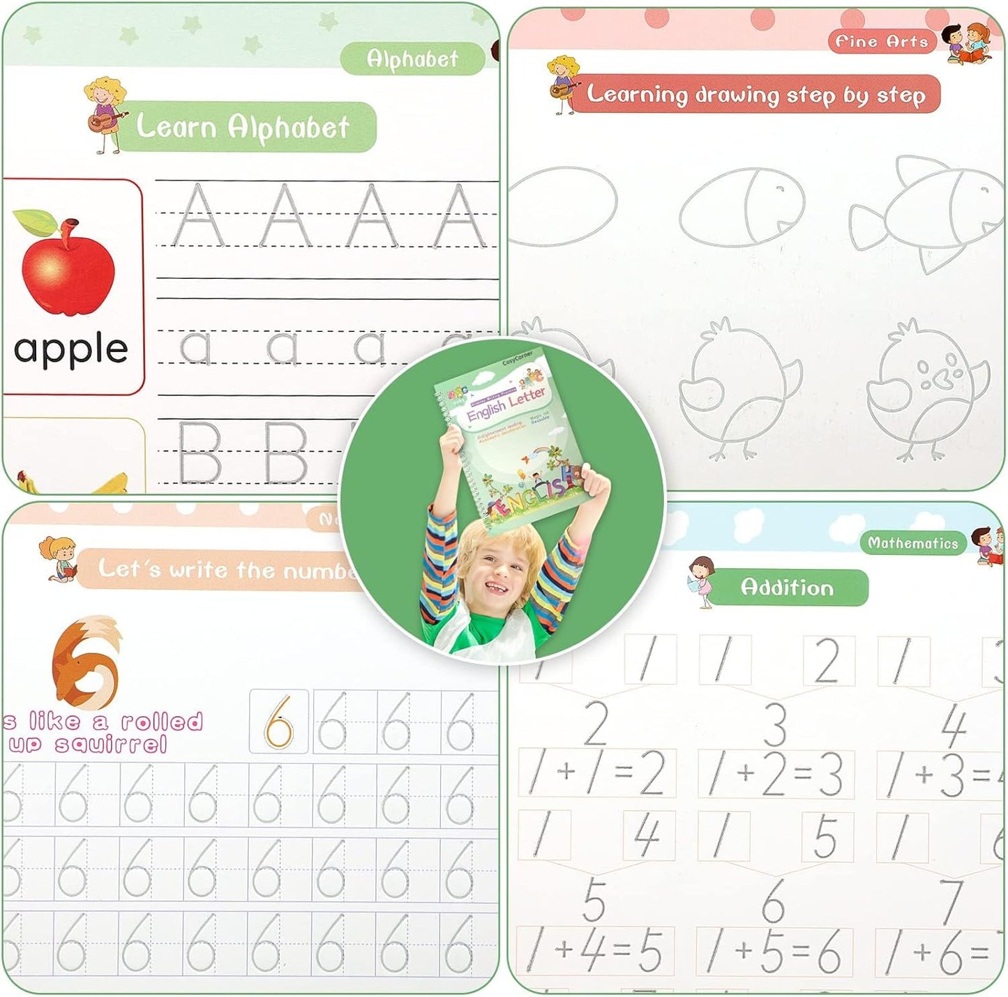 CosyCorner Magical Handwriting Workbooks Handwriting Practice Magic Copybook, Handwriting Aid Magic Pen Reusable Copybook Grooves Template Design for Children(4 Books, 10.2×7.2 in)