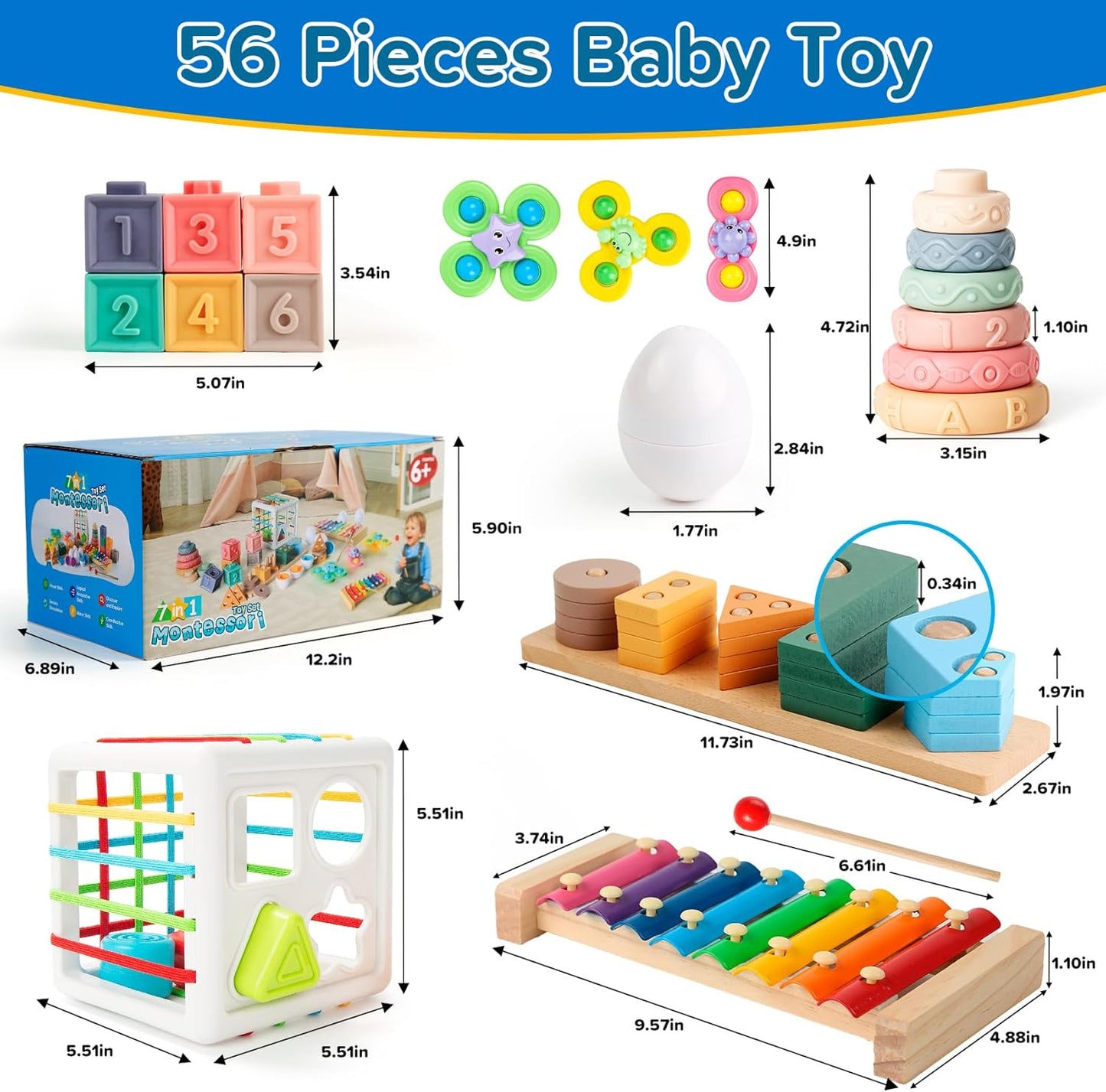 6-in-1 Baby Toys 6 to 12 Months, Montessori Toys for Babies 6-12-18 Months, Infant Teething Toy Stacking Blocks Rings Sensory Bin, Sorting Sensory Educational Learning Gift for Toddlers Aged 1-3