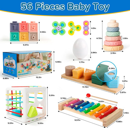 6-in-1 Baby Toys 6 to 12 Months, Montessori Toys for Babies 6-12-18 Months, Infant Teething Toy Stacking Blocks Rings Sensory Bin, Sorting Sensory Educational Learning Gift for Toddlers Aged 1-3