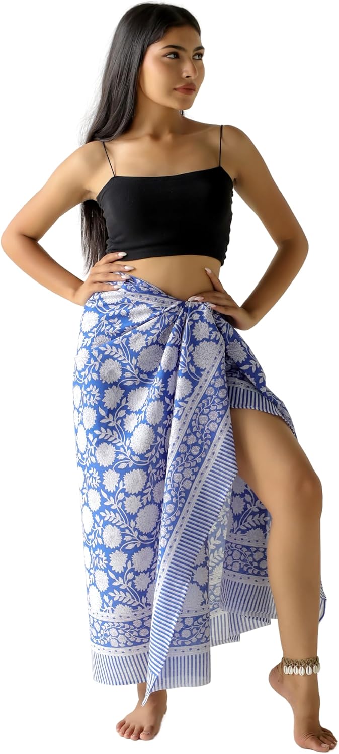 100% Cotton Sarong Cover Up for Women Indian Block Print Beach Wrap Skirt Long Boho Swimsuit Bikini Pareo (73” x 43”)