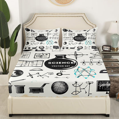 Erosebridal Science Theme Bed Sheets Set Full Size for Boys Girls Chemistry Periodic Table Print Sheet Set Chemical Subject Theme Sheets Teens Kids Math Science Atyle Fitted Sheet 4 Pcs