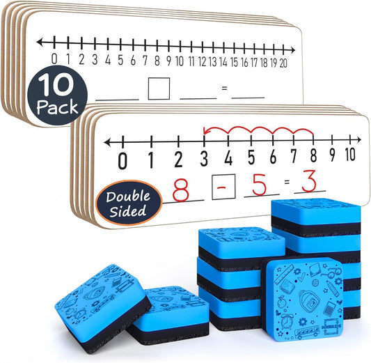 SCRIBBLEDO 10 Pack Dry Erase Number Line White Boards 4x12 Double Sided 1–10 & 1–20 Numberline Math Manipulatives for Kids Students Teachers Classroom Addition Subtraction