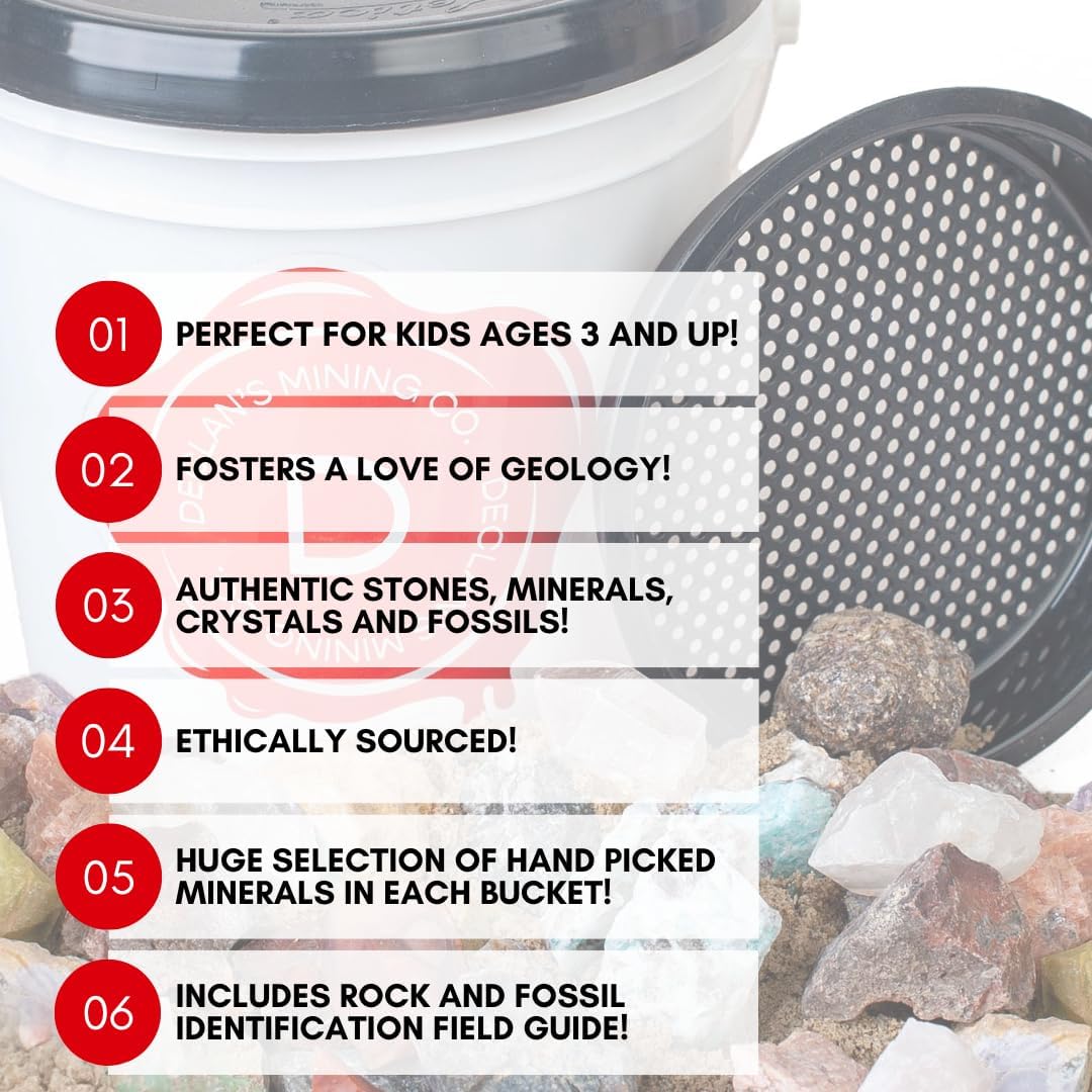 Declan's Mining Bucket, 1 Gallon Raw Stone Collection with 16 Crystal Types, 4+ lbs, Includes Identification Chart