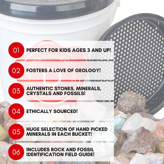Declan's Mining Bucket, 1 Gallon Raw Stone Collection with 16 Crystal Types, 4+ lbs, Includes Identification Chart