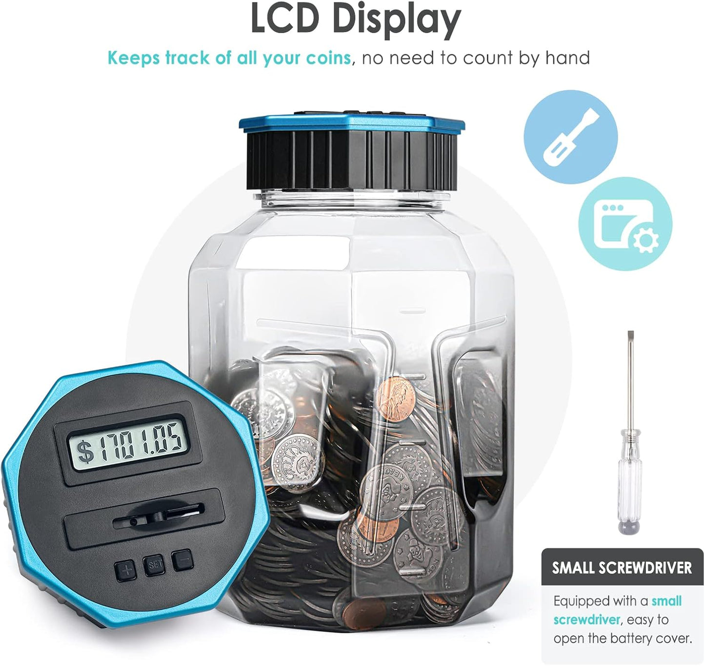 X-Large Piggy Bank for Adults Kids, Vcertcpl Digital Coin Counting Bank with LCD Counter, 2.4L Capacity, Great Coin Counter Bank Money Counting Jar with Total Amount Displayed (Silver, X-Large)