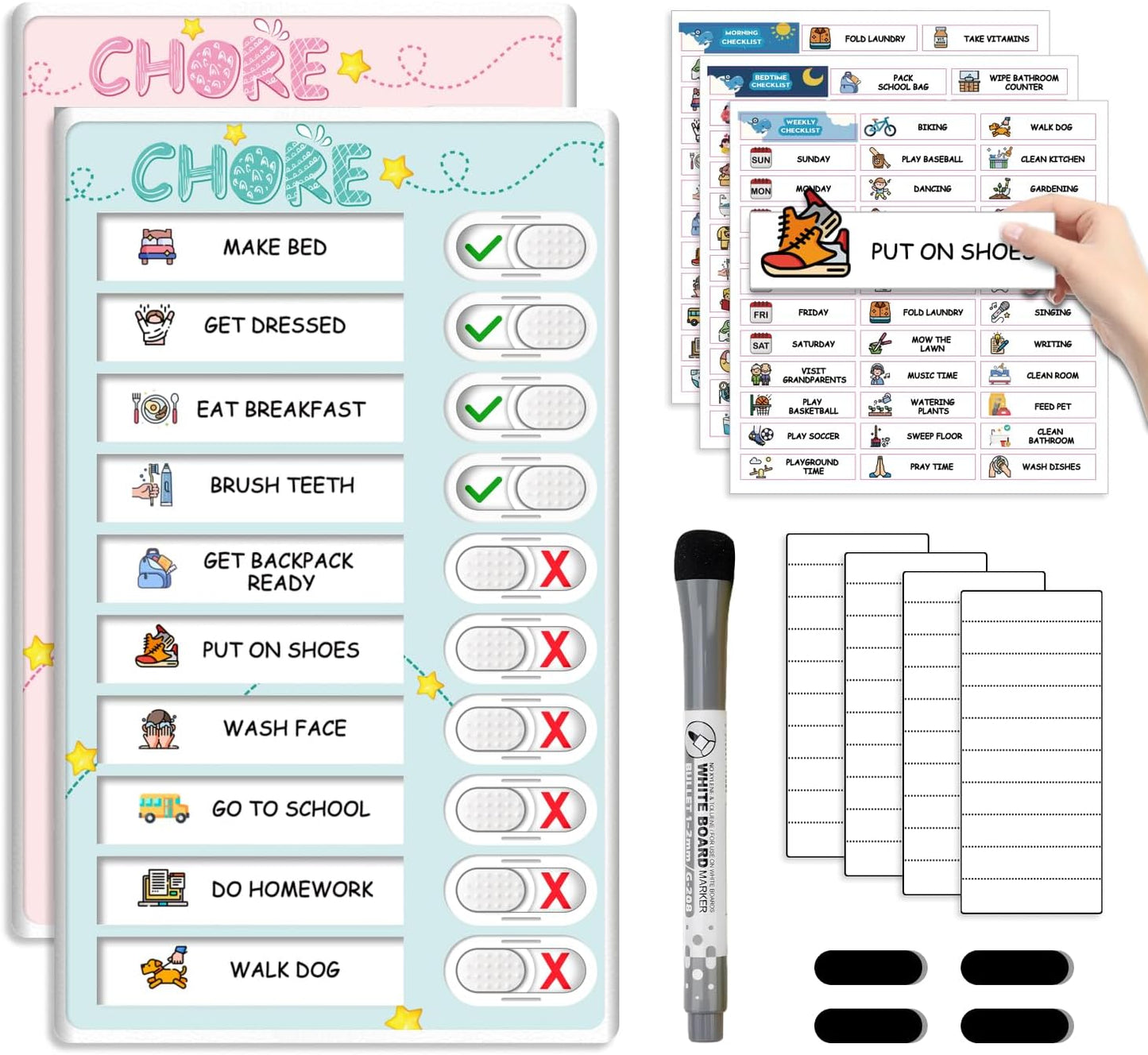 Dry Erase Kids Chore Chart for 2 Kids Pink and Blue - Magnetic Routine Chart with Slider Cute Design Stickers, Morning Bedtime Routine Chart for Toddlers Visual Schedule for Kid