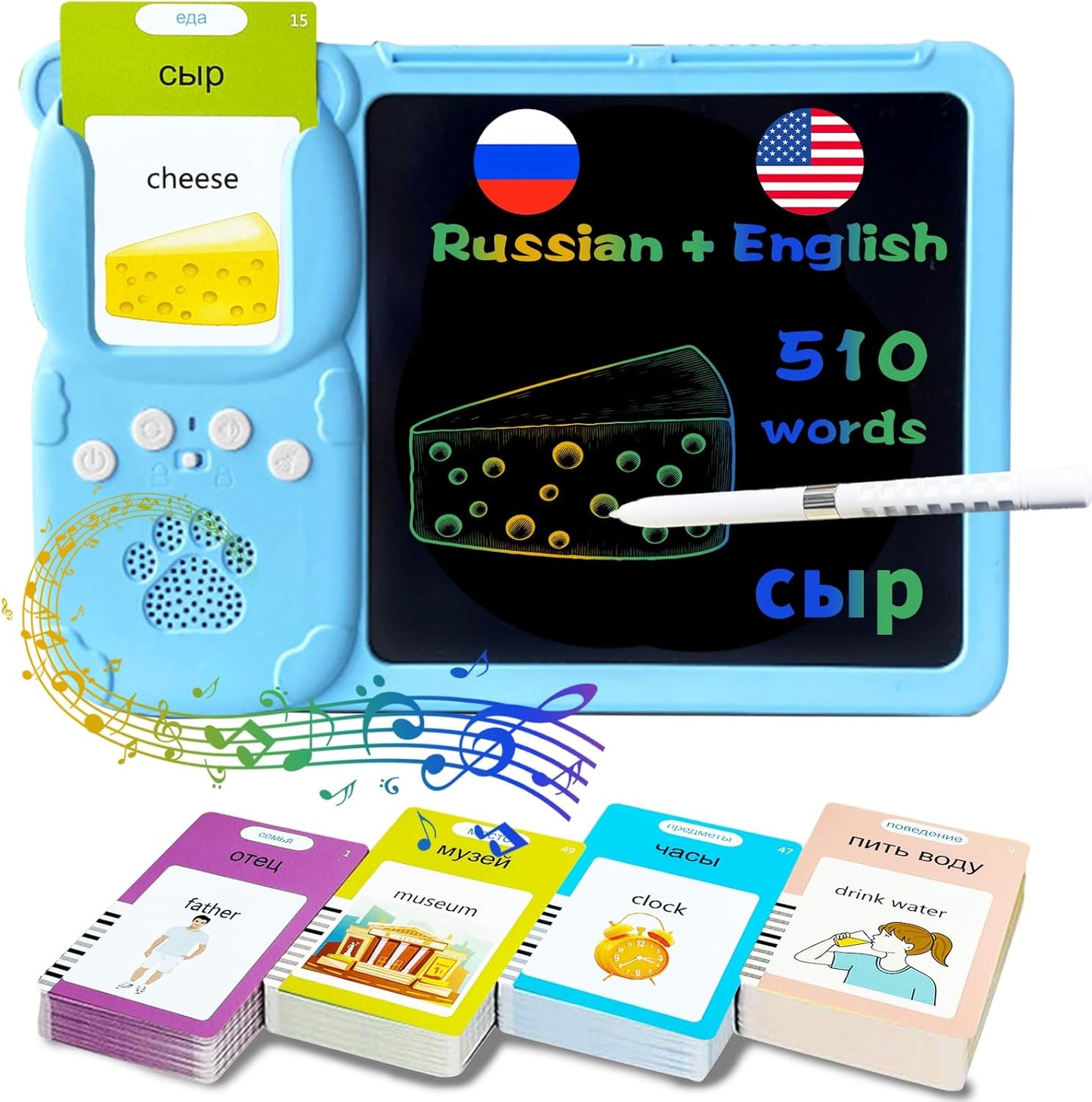 Talking English & Spanish Flash Cards - 8" LCD Writing Tablet for Kids 3-12, Bilingual 510 Sight Words, Toddler Pocket Speech, Drawing Sketch Pad, Autism Toys for Boys (Spanish, Blue)