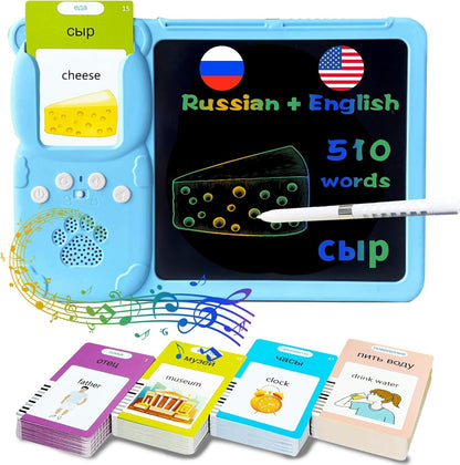 Talking English & Spanish Flash Cards - 8" LCD Writing Tablet for Kids 3-12, Bilingual 510 Sight Words, Toddler Pocket Speech, Drawing Sketch Pad, Autism Toys for Boys (Spanish, Blue)