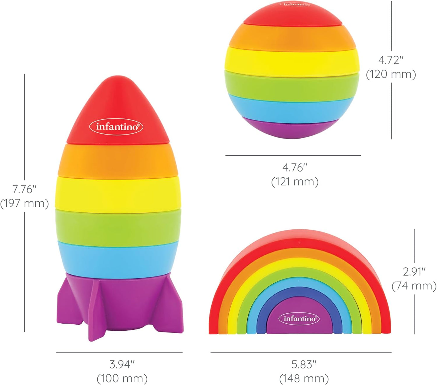 Infantino Imagination Stackers Playset, Rainbow Stacker, Rocket Stacker, Ball Stacker for Babies 12M+, 3-Style Set, 19 Pieces