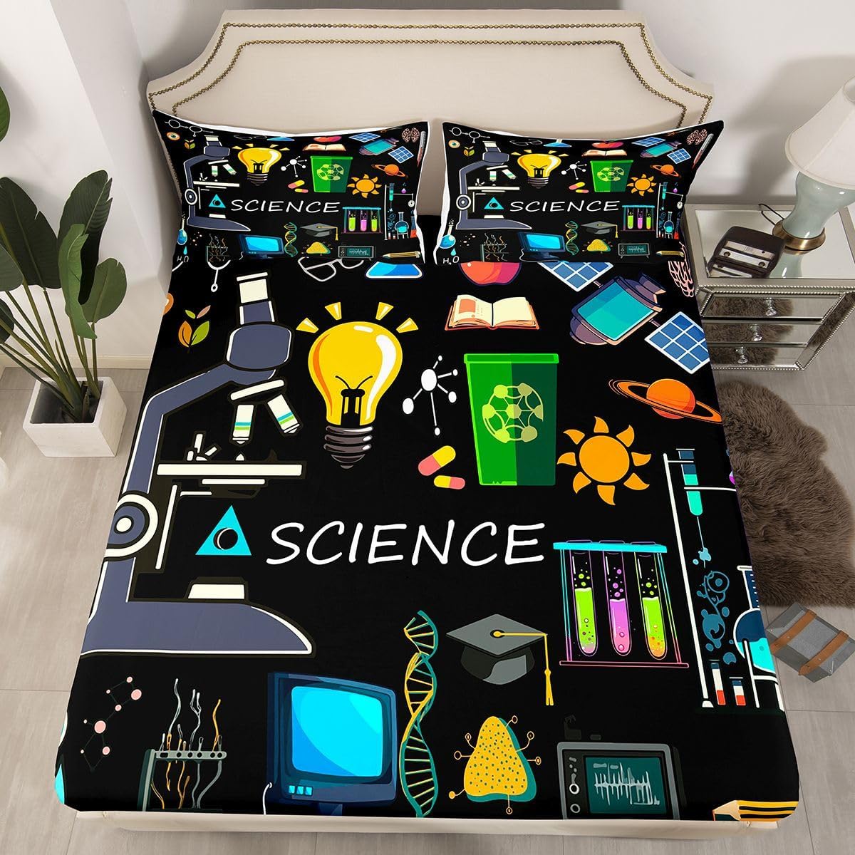 Erosebridal Chemistry Lab Fitted Sheet Twin Size Chemical Equation Bed Sheets for Boys Girls Chemical Elements Science Theme Bed Set Teens Kids Science Students Bedding Set School Dorm Room Decor