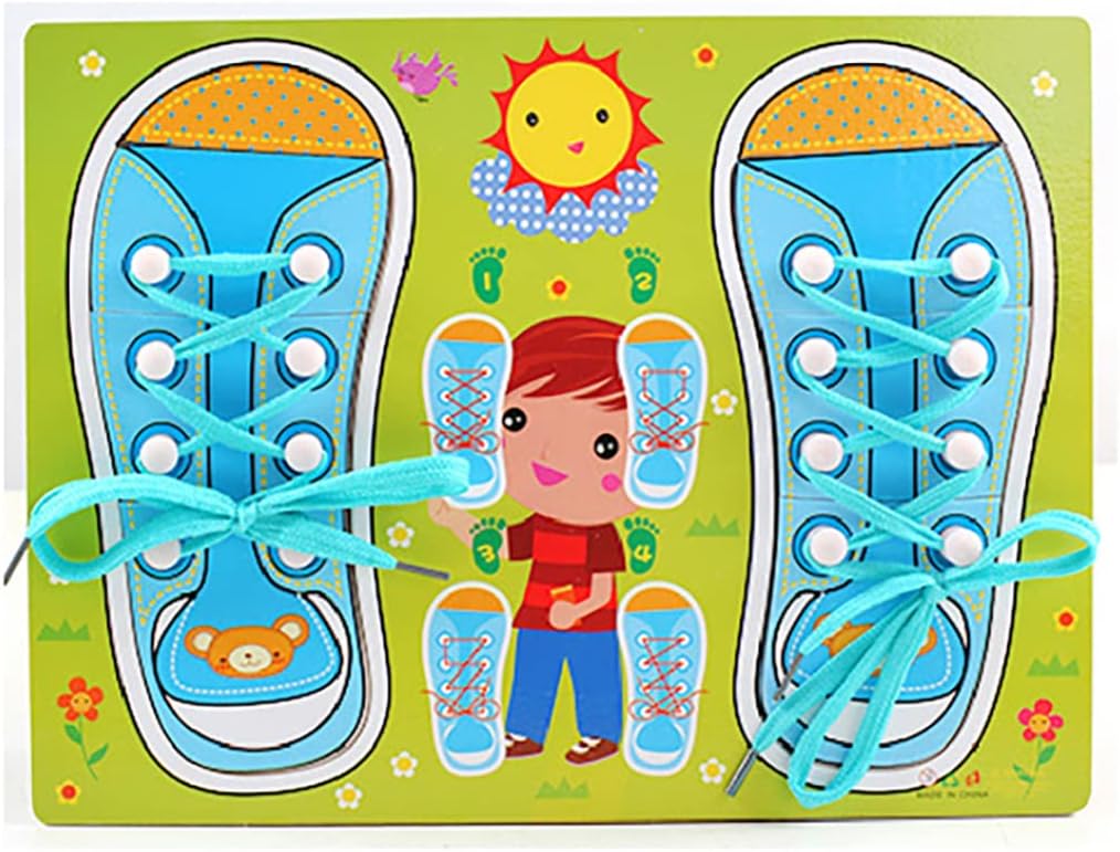 1PC Kids Wood Shoe Lace Lacing Sneaker Board Learn to Tie A Shoe Educational Learning Practice Fine Motor Skills for Kids Ages 3 and Up(Blue) Puzzle Shoes String