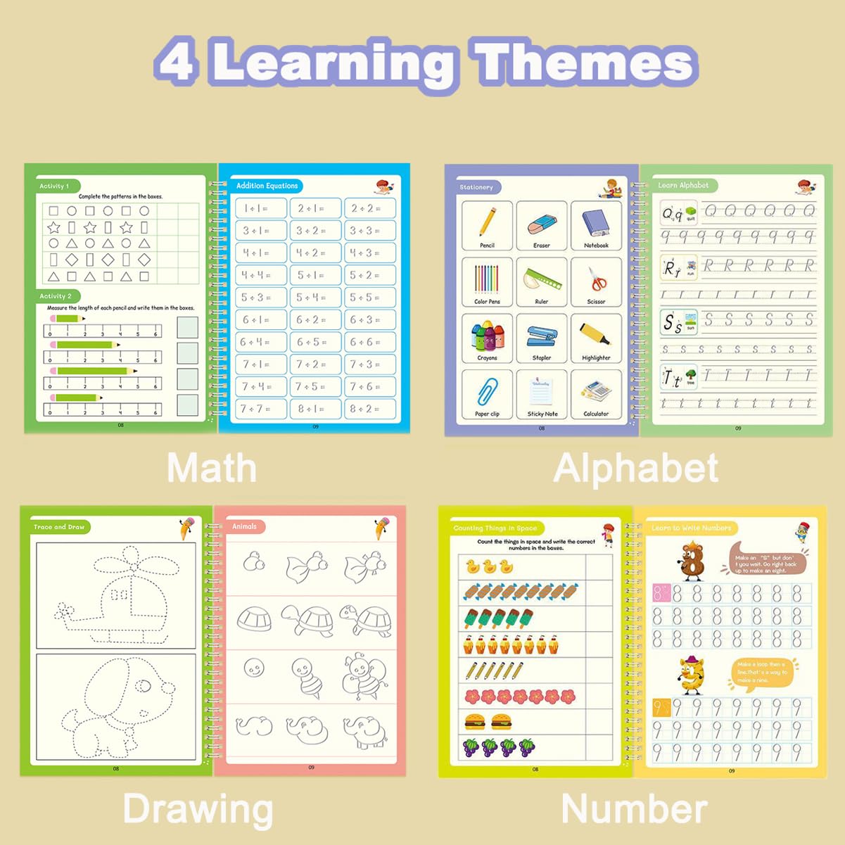 4 Pcs Reusable Grooved Handwriting Practice Books, Magic Practice Copybook with Disappearing Ink Pens Pencil Grips, Handwriting Workbook Letter Tracing Books for Kindergarten Preschool Kids Age 3-8