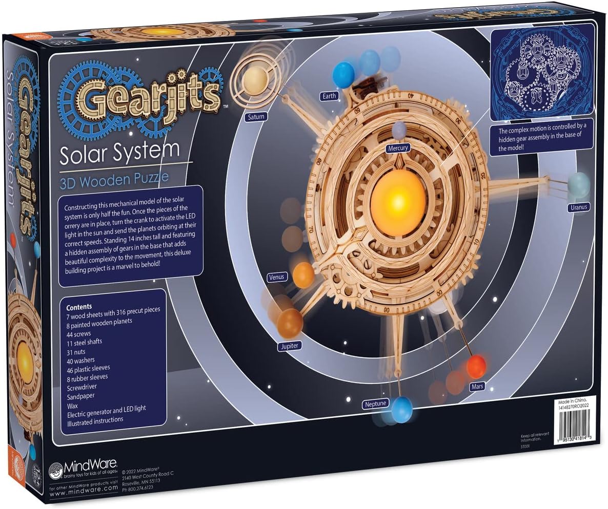 MindWare Gearjits: Solar System – Wooden 3D Building Puzzle for Teens & Adults – DIY Solar System Model – Fun for Parents Too! – Great STEAM Gifts for Ages 12+