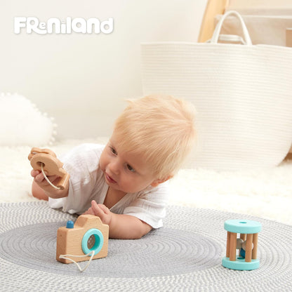 FReniland Wooden Montessori Toys, 4-Piece Wooden Baby Toy, Rainbow Stacking Ring,Car Push and Pull Toy, Rocket Stacking Ring Babys Toys,Newborn Baby Gift Sets for Boys and Girls