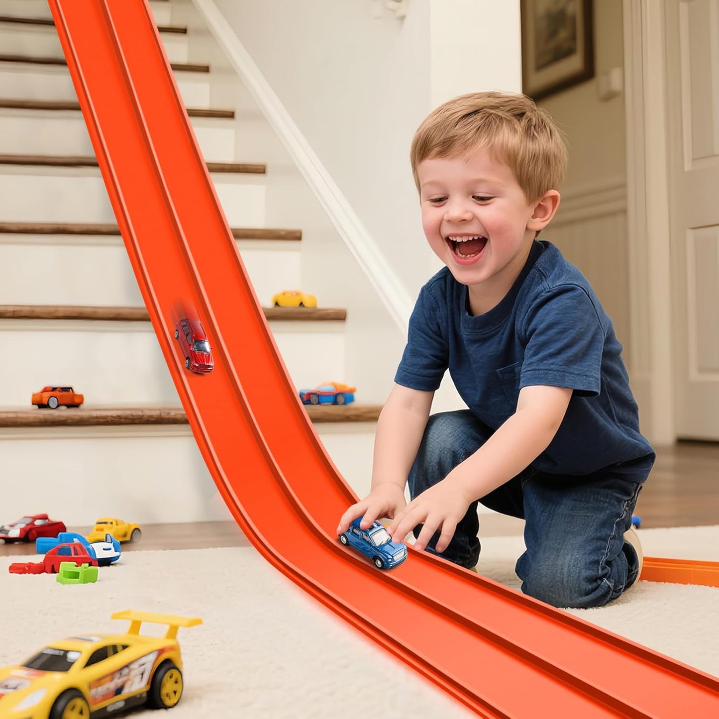 Flex Tracks 15 Ft Starter Set Flexible Race Track for Kids 3+, Flexible Car Track Race Car Ramp Track Compatible with Diecast 1/64th Cars, Portable Rolls Up Race Tracks with Strong Suction Cups