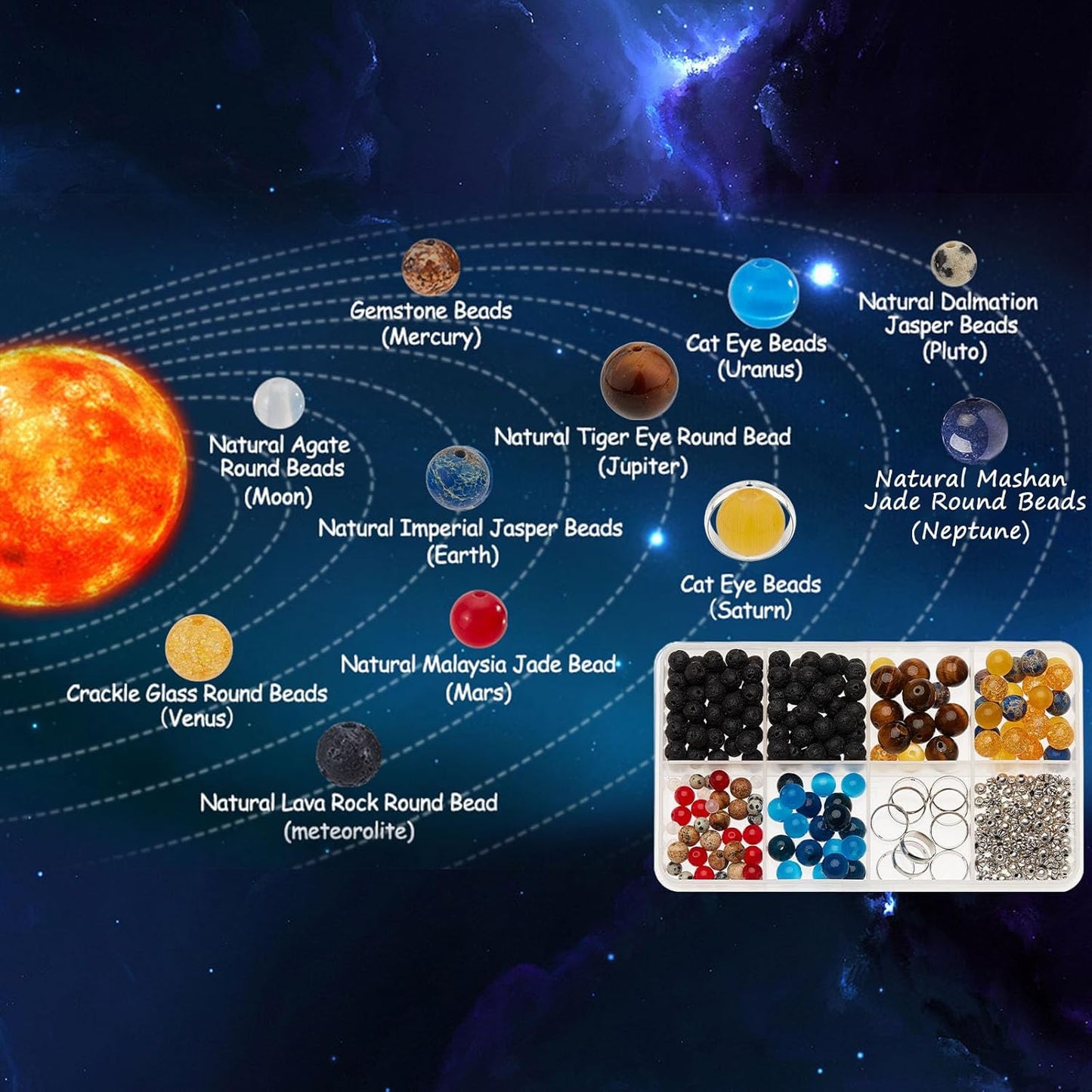 SUNNYCLUE 1 Box 300+Pcs DIY 10 Sets Solar System Bracelets Kit Universe Galaxy The Nine Guardian Planets Bracelet Necklace Tiger Eye Bead Natural Gemstone Beads for Jewelry Making Kits Craft