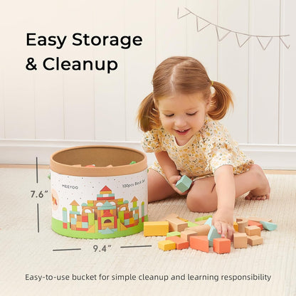 100pcs Natural Beech Wooden Building Blocks for Toddlers 1-3, Wooden Blocks for Baby Shower with Storage Bucket, Montessori Toys for Preschool Girls and Boys