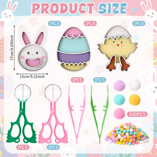 Hollowfly 3 Set Farm Animal Sensory Bin with 3 Pcs Game Board Sensory Bin Filler Bunny Egg Chick Boards 300 Pcs Pom Poms Color Sorting Toys Counting Fine Motor Skill for Easter Party Matching Game