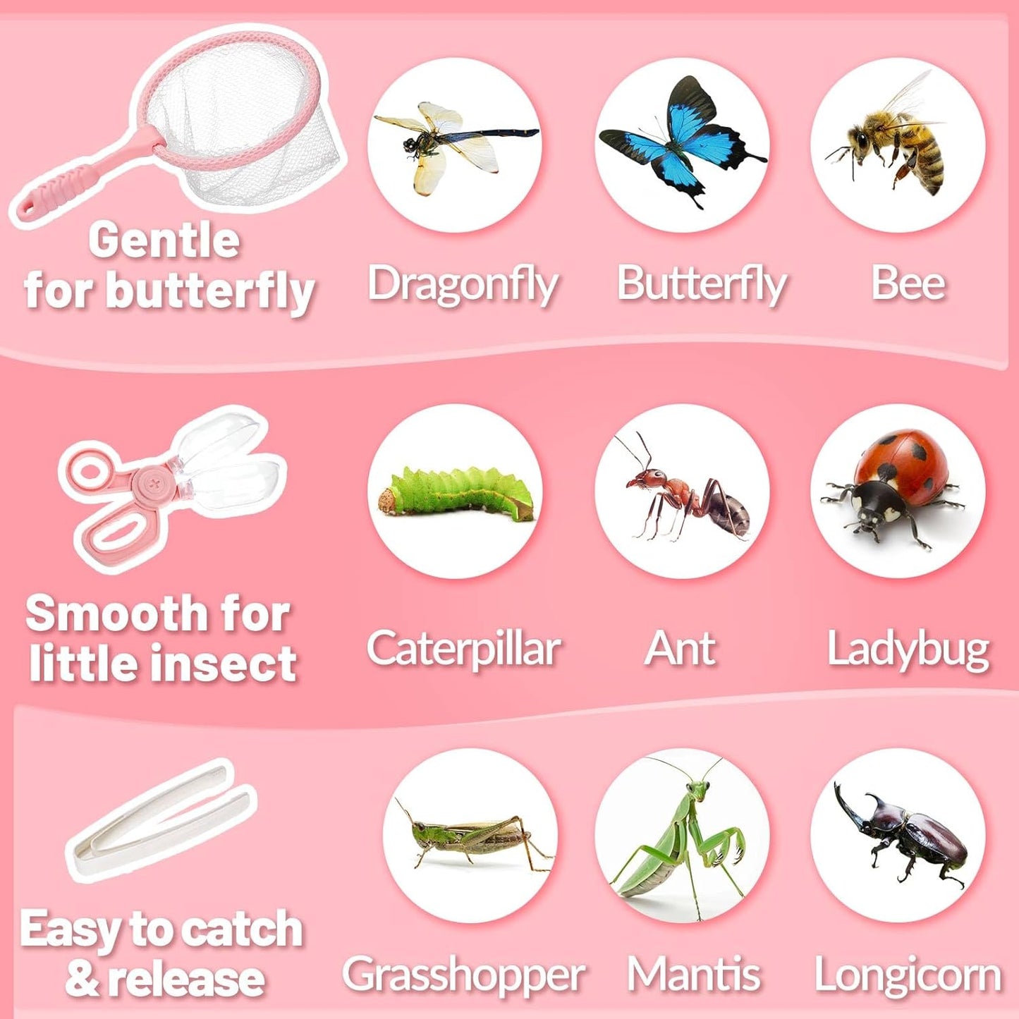 2 Set Bug Catcher for Kids- Educational Bug Catching Kit Including Butterfly Net, Insect Clip, Tweezer, Outdoor Toys for Kids Ages 3-10 (Pink & Green)
