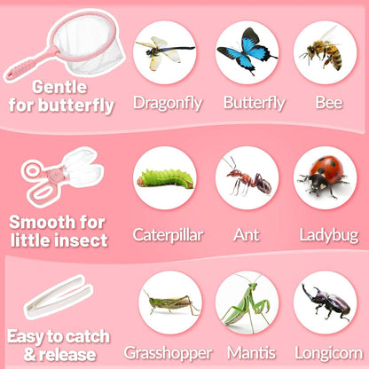 2 Set Bug Catcher for Kids- Educational Bug Catching Kit Including Butterfly Net, Insect Clip, Tweezer, Outdoor Toys for Kids Ages 3-10 (Pink & Green)