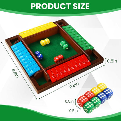 Shut The Box Dice Game for 2-4 Players, Wooden Board Tabletop Math and Strategy Game with 8 Dice and Velvet Storage Bag, Classic Family Board Game for Home, Party or Pub, Brown