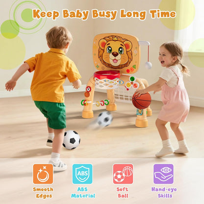 HYES Toddler Basketball Hoop Tball Set & Soccer Goal - Lion Sport Toys for 1 Year Old Boy with Learning Activities (Abacus/Alphabet/Animals Sounds) Christmas Birthday Gifts for Baby Boy Age 1 2 3