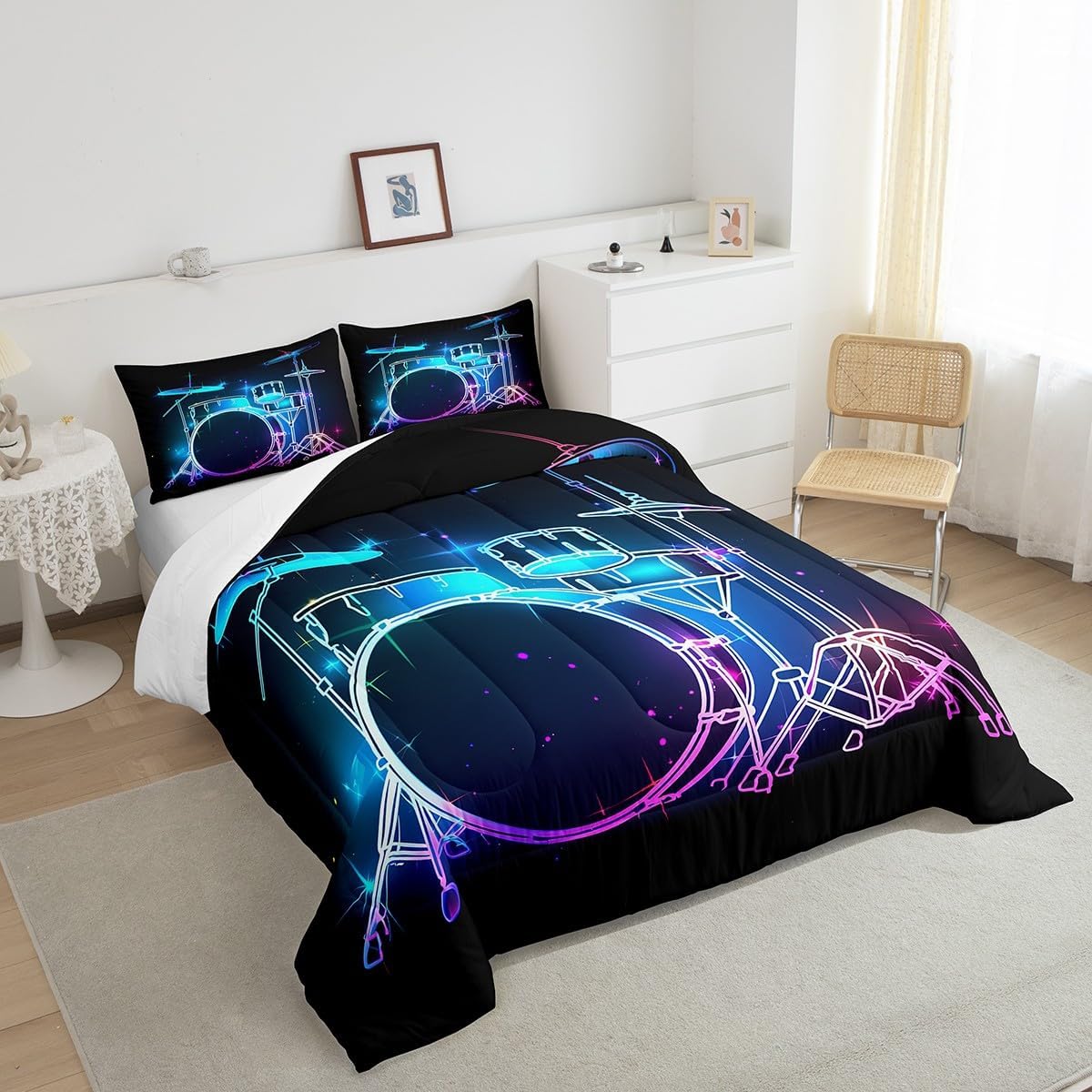 Castle Fairy Drum Kit Comforter Set,Musical Instruments Bedding Set for Kids Girls Women,Adults Rock Music Comforter,Neon Lighting Quilted Duvet Set Bedroom Collection Twin Size 2Pcs