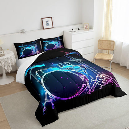 Castle Fairy Drum Kit Comforter Set,Musical Instruments Bedding Set for Kids Girls Women,Adults Rock Music Comforter,Neon Lighting Quilted Duvet Set Bedroom Collection Twin Size 2Pcs