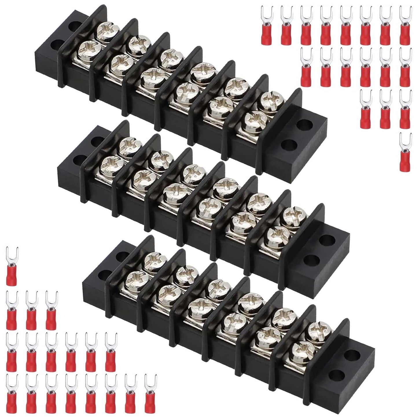 3sets 10 Position Terminal Strips， Dual Screw Terminals Block Strip with 16-14AWG Insulated Fork Wire Connectors for Electrical Wiring