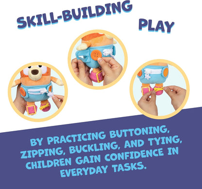 Dress & Play Baby Bluey Plush, Button, Zip, Buckle and Tie, Learn to Dress Dolls for Toddlers Ages 3+, Fine Motor Skills Buckle Toys