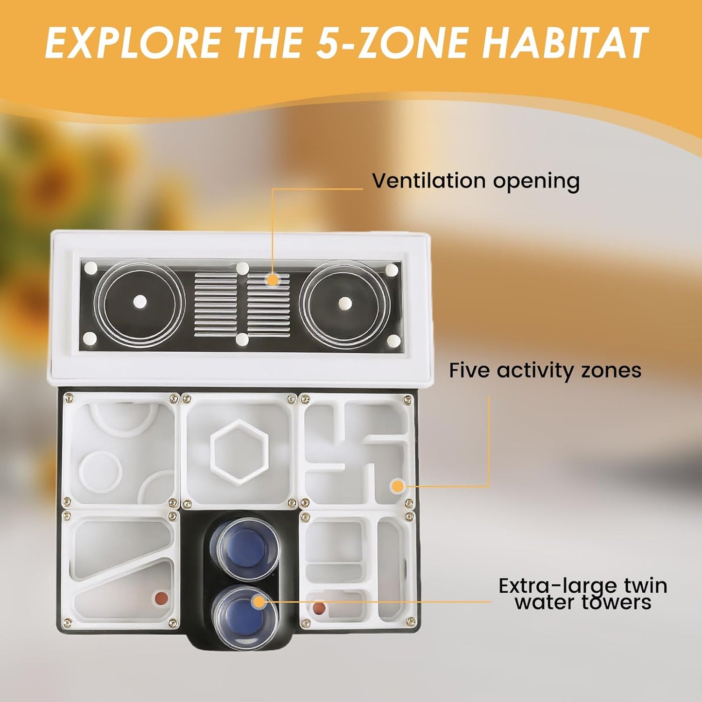Ant Farm Nest - Educational Habitat - Black and White Acrylic Design with Built-in Water Tower and Clear Observation Area (S)