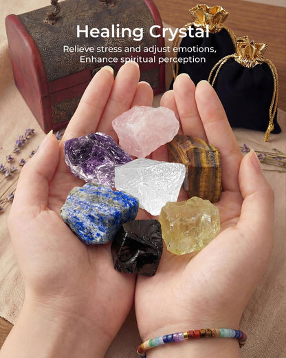 Crystals and Healing Stones, 9 Pcs Healing Crystals Set, 7 Chakra Crystal Stones Set Real Natural Selenite Pyramid Reiki Raw Rock Energy Protection Meditation with Wooden Box, Crystal Gifts for Women