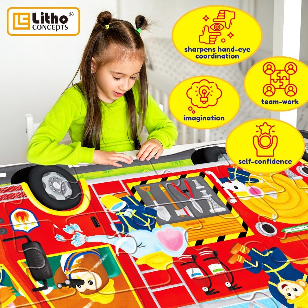 Big Red Fire Truck 4-Foot Long Jumbo Floor Puzzle - 24 Extra-Large Pieces, Fun Educational Toy for Kids Ages 3+, Durable & Easy to Assemble