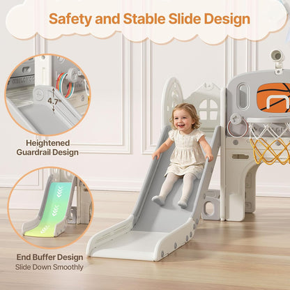 BIERUM 9 in 1 Toddler Slide, Kid Slide for Toddlers Age 1-3 with Ring Toss, Basketball Hoop, and Telescope, Indoor Outdoor Playset Playground Beige Gray