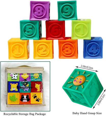 Kingtree Baby Blocks, 9PCS Soft Squeeze Building Blocks Stacking Toys for 6+ Months Babies, Baby Teething Chewing Educational Blocks Set with Numbers Animals Shapes Textures