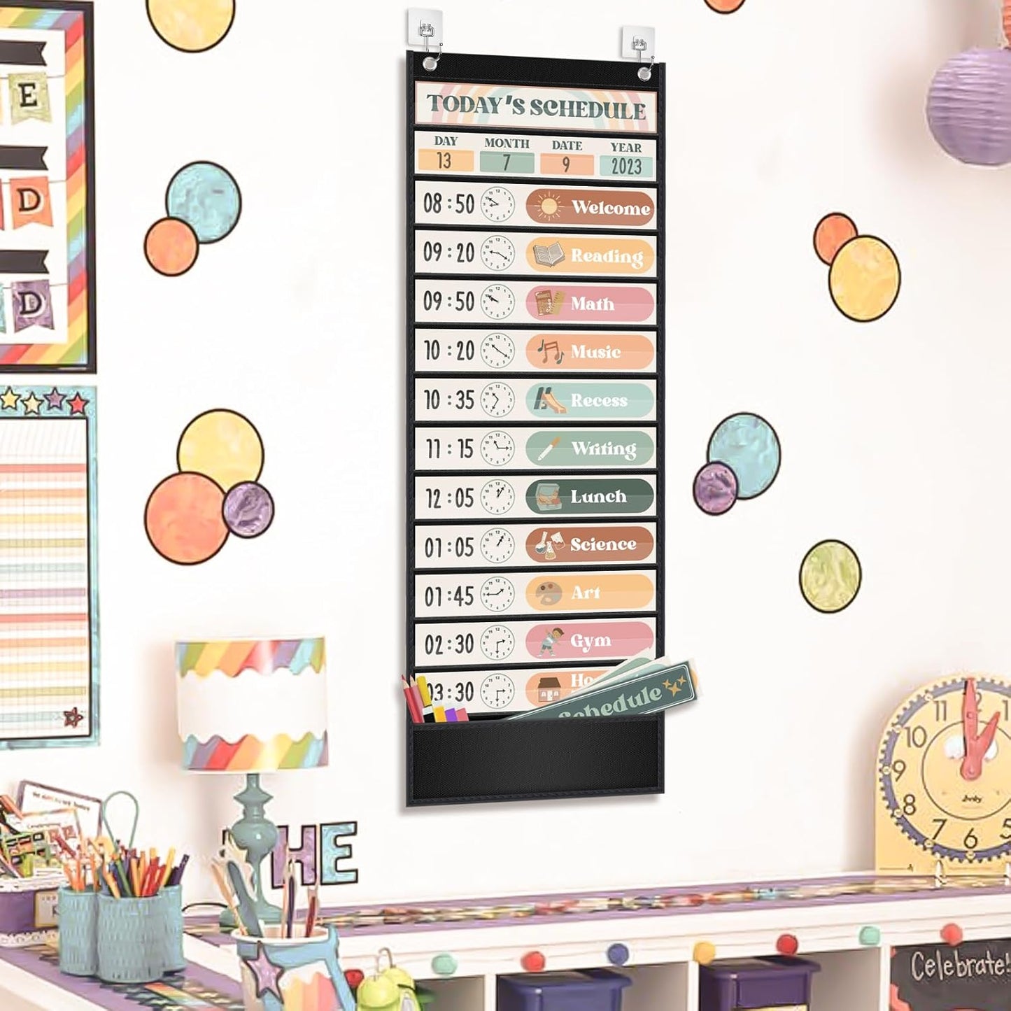 Godery Boho Daily Schedule Pocket Chart for Classroom with 24 Cards，Welcome Back to School Classroom Decorations, White