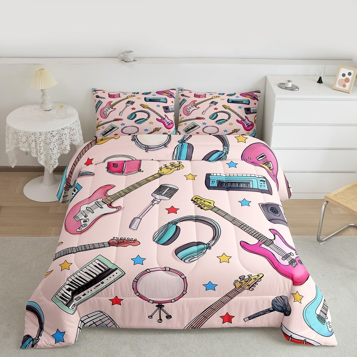 Erosebridal Drum Kit 3D Print Kids Comforter Sets Rock Music Themed Full Bedding Set for Boys Girls Musical Pattern Comforter Set,Colorful Retro Style Quilt Duvet 3 Pcs