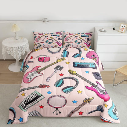 Erosebridal Drum Kit 3D Print Kids Comforter Sets Rock Music Themed Full Bedding Set for Boys Girls Musical Pattern Comforter Set,Colorful Retro Style Quilt Duvet 3 Pcs